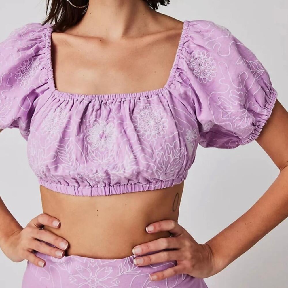 FREE PEOPLE Lotus Skirt Set TOP ONLY Women XS Purple Embroidered Puff Sleeve NEW